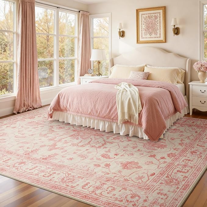 RELEANY Washable Area Rug, 8'x10', Pink/Light Vintage Pink | Non-Slip, Water Repellent, Pet Friendly, Easy to Clean, Vintage Floral Boho Decor for Living Room Bedroom Dining Room
