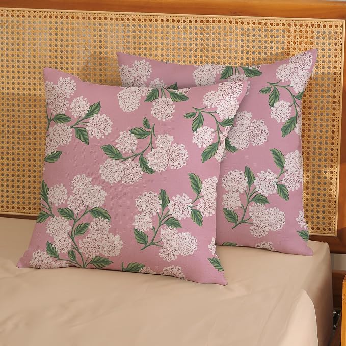 Pink Pillow Covers 18x18 Inch 2 Pcs Preppy Pink Green Hydrangea Flower Decor Throw Pillows Vintage Floral Seasonal Spring Summer Outdoor Decoration Pillowcase Linen Cushion Cover for Couch Sofa