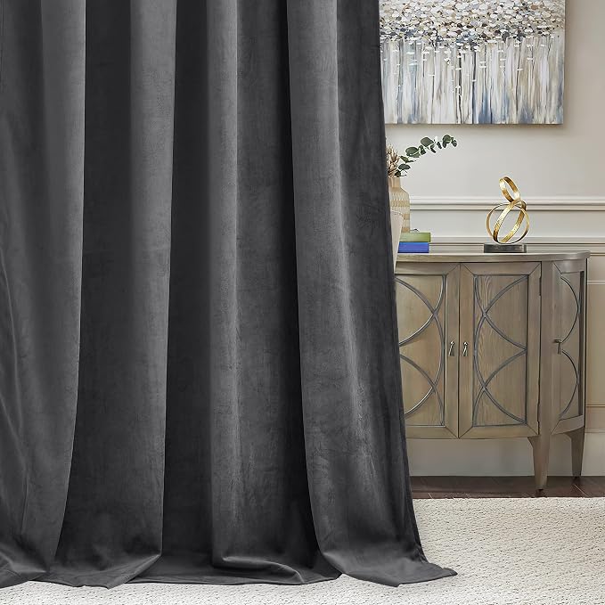 RYB HOME Velvet Curtains 108 inches Long, Extra Long High Ceiling Curtains | Thermal Insulated, Luxurious Home Decor, Curtains for Apartment Loft Large Windows, W52 x L108, Grey, 2 Panels Set