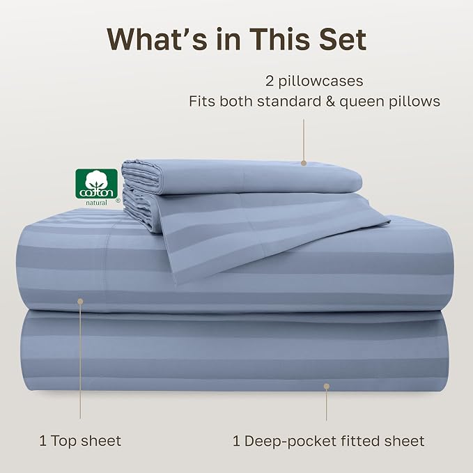California Design Den Softest 100% Cotton Sateen Queen Bed Sheet Set, 4 Pcs | Soft 500 Thread Count Backed by Good Housekeeping Seal, 16" Deep Pocket, All-Around Elastic, Easy Care - Light Blue Striped