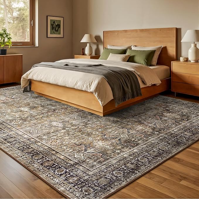 8x10 Area Rugs for Living Room, Non-Slip Washable Brown Large Carpet | Soft Area Rugs for Bedroom, Dining Room, Home Office Indoor Nursery, Stain Resistant, Low Pile, Vintage Distressed Rug