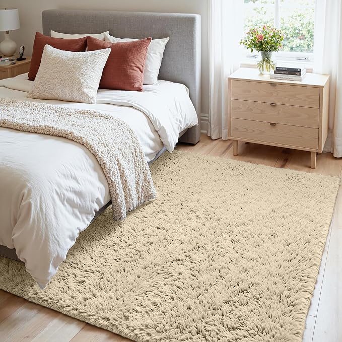 4x6 Fluffy Shag Area Rugs for Living Room Bedroom: Soft Plush Carpet Beige | Upgraded Non-Slip Thick Memory Foam, Ultra Soft, Non-Shedding Fuzzy Carpet, Easy Clean Decor for Kids Room, Nursery, Playroom