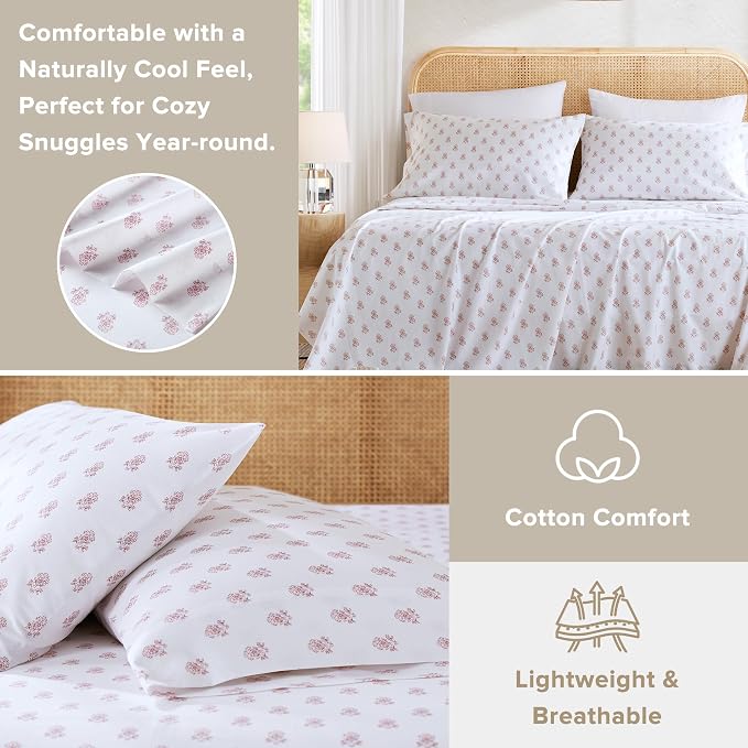 Comfort Spaces 100% Cotton Percale Sheets Twin Sheet Set 3 Pcs, Floral Pink | Crisp, Cool & Breathable Bed Sheets, 12" Deep Pocket Fits Up to 14" Mattress, Lightweight, All Season Cozy, with Pillow Case