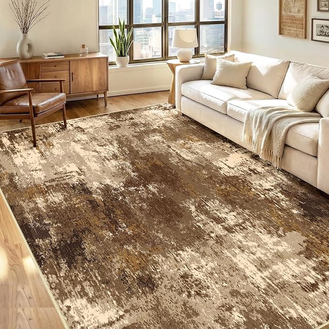 RELEANY Washable 6'x9' Abstract Area Rug for Living Room Brown Tan | Carpet for Bedroom, Kitchen, Office, Hallway and Entryway, Printed Pattern, Non‑Slip, Soft, Stain‑Resistant, Easy to Clean
