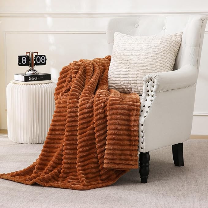 Burnt Orange Fleece Throw Blanket 60”×80” for Couch Sofa Livingroom | Linecooo Super Soft Cozy Plush Microfiber Flannel Bed Blanket Striped Design Lightweight Home Decor Gifts for Adult Mom Women