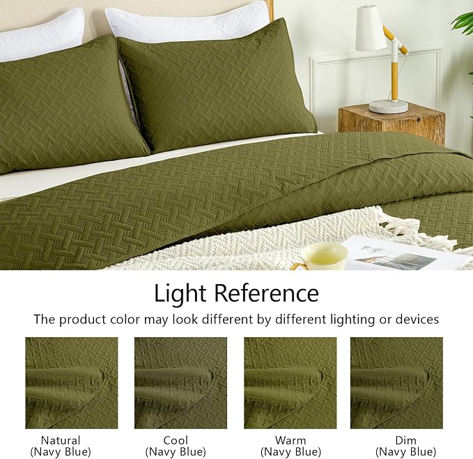 FLYMME Quilts King Size,Lightweight Olive Green Bedspreads,Basket Weave Pattern,Ultra Soft Microfiber Bed Coverlet 3 Pieces for All-Seasons (1 Quilt,2 Shams)