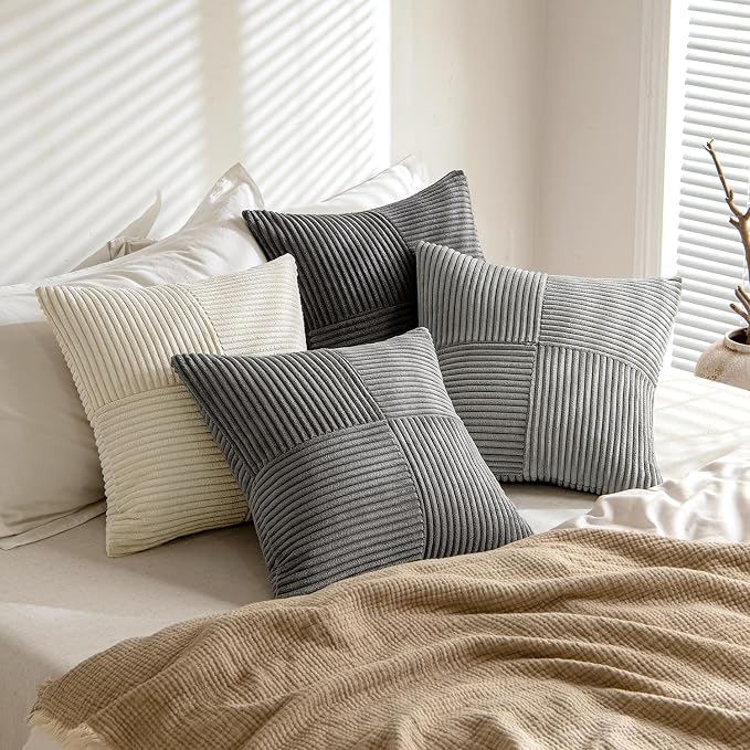 MIULEE Neutral Grey Decorative Throw Pillow Covers 18x18 Inch Set of 4 Modern Farmhouse Corduroy Cushion Cases Striped Patchwork Pillow Cases for Couch Sofa Bedroom Home Decor