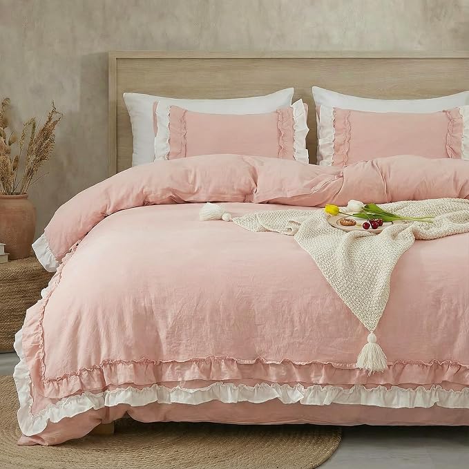 Bedorm Ruffle Duvet Cover Twin Coquette Bedding Ultra Soft Breathable Shabby Chic Bedding Pink Ruffled Duvet Cover Set Cute Comforter Cover