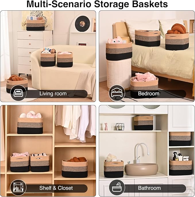 ICERZCZ Storage Baskets for Shelves Organizing, Woven Cotton Rope Baskets for Storage, Book Basket, Towel Basket, 12.5"Lx9.1''Wx7.9''H (4 Packs) Gradient Black & Jute