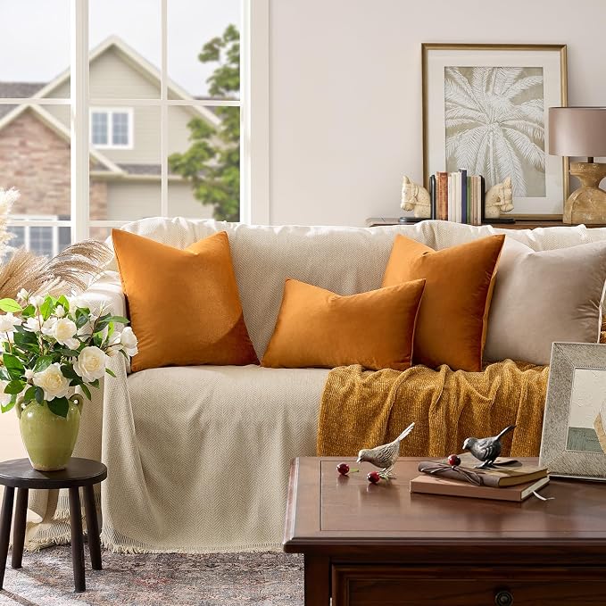 GIGIZAZA Orange Velvet Pillow Covers 18x18 Decorative Pillows Pack of 2 | Throw Pillows for Couch Sofa,280gsm Soft Textured Fabric,Modern Square Pillowcases,Luxury Cushion Covers