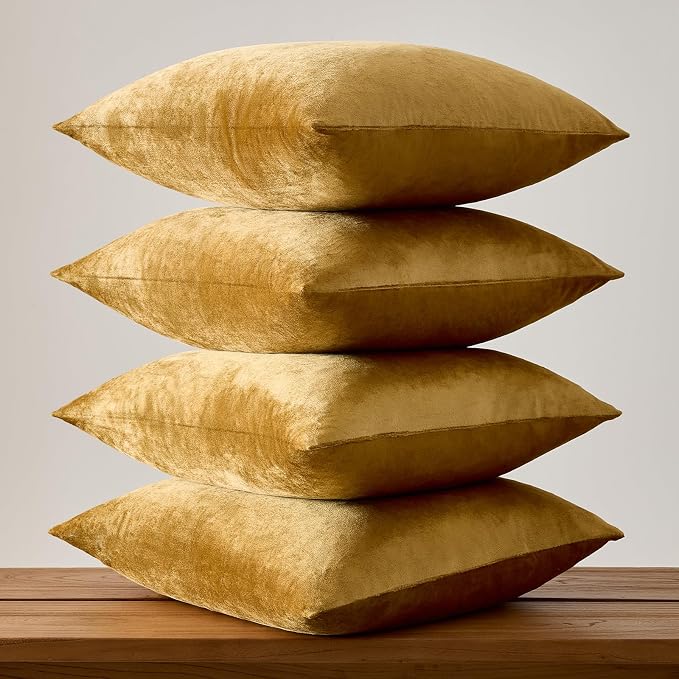 GIGIZAZA Pack of 4 Golden Decorative Velvet Pillow Covers 18x18 | Throw Pillows for Couch Sofa,280gsm Soft Textured Fabric,Modern Accent Pillowcases,Luxury Living Room Cushion Covers