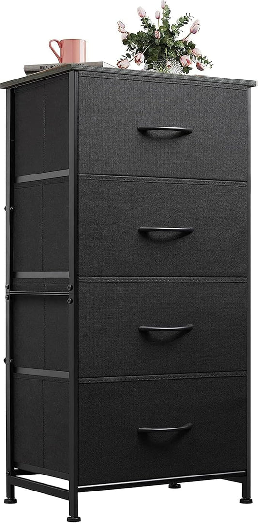 WLIVE Small Dresser Nightstand for Bedroom, 4 Drawers, Charcoal Black | 4 vertical fabric drawers, Space-saving tower, Bedroom or closet use, Chest of drawers, Dresser for small spaces