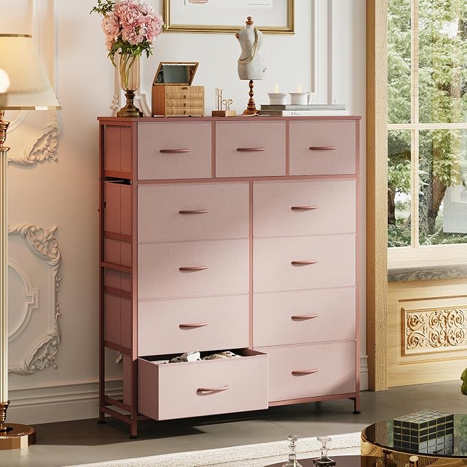 WLIVE Tall Dresser for Bedroom, 11 Drawer Chest of Drawers, Pink | 11 fabric storage drawers, Tall high-capacity design, Bedroom or dorm use, Sturdy steel frame, Smooth wood tabletop