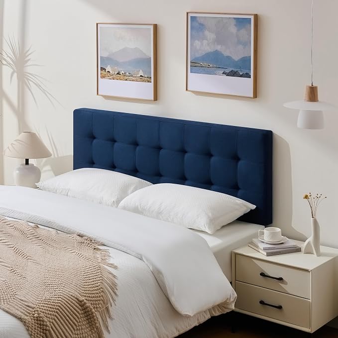Linen Stitched Tufted King Headboard, Adjustable Height 37.2-42.3 in, Blue | Wood Twin Headboard Only, Padded Support for Reading, Relaxing or Working in Bed, Stable Non-Slip Design, Fits Bed Frame