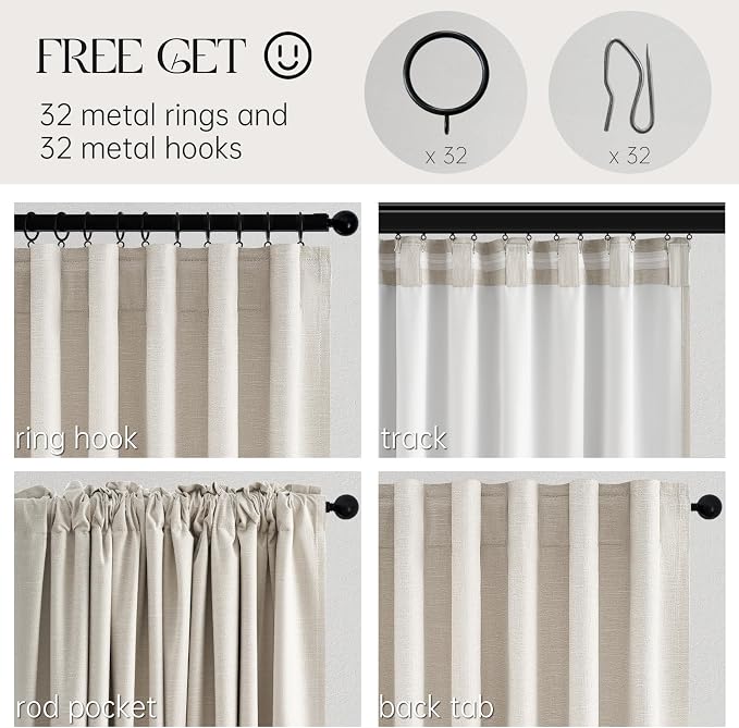 Extra Wide 100 Inch Length Blackout Curtains & Drapes 96 Inches Long 2 Panels Set for Sliding Glass Doors Modern Pleated Linen Blend Heavy Floor to Ceiling Large Window Drapes(100"Wx96"Lx 2 Birch)