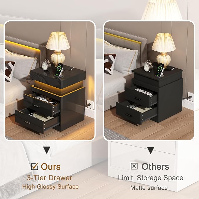 ChooChoo LED Nightstand Set of 2,Smart Night Standwith Charging Station and Sliding Top Storage, Black | Sliding Top Storage, 2-Drawers, High Gloss Bedside Table, Modern End Table, Bedroom, White
