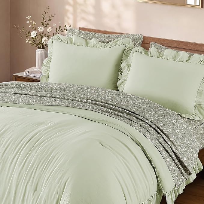Queen Comforter Set-7 Pieces Ruffle Bedding with Floral Sheet | Tint Green Bed in a Bag, Soft Lightweight All Season Farmhouse Queen Bedding Sets with Floral Sheets, Pillowcases & Shams