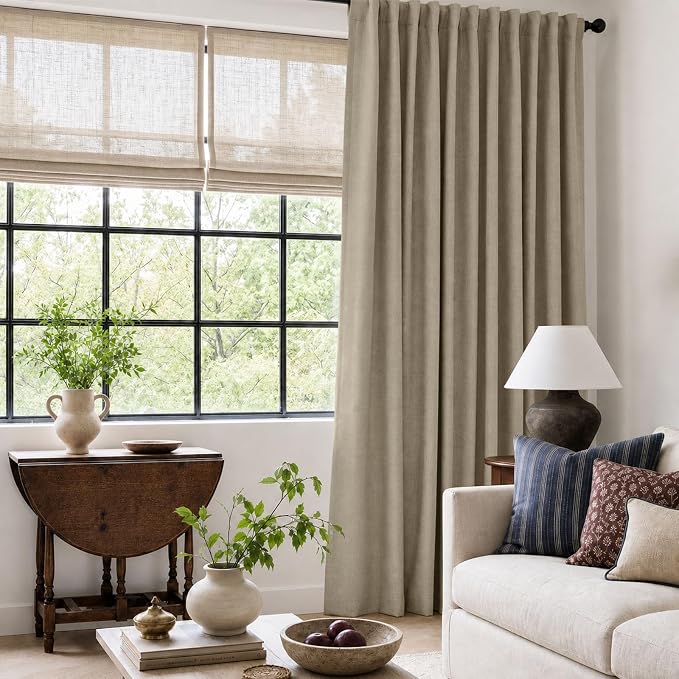 Faux Linen Total Blackout Sliding Door Curtains 96 Inches Long, Plaza Taupe | 100% Blackout Shield Back Tab/Rod Pocket Sliding Door Curtains, Thermal Insulated Curtains 1 Panel Set, 100"W x 96"L