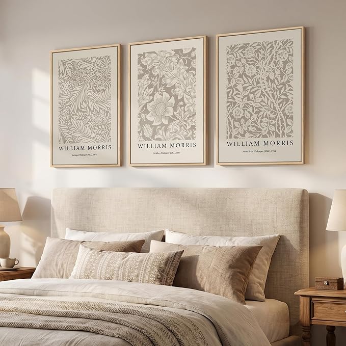 Large Framed Neutral William Morris Botanical Canvas Wall Art, Set of 3 | Boho beige, Abstract floral, Vintage, Farmhouse decor, 30x60 inch, Living room, Bedroom, Hallway, Office decor