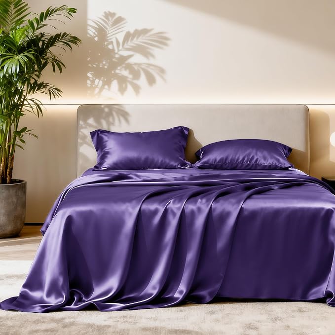 Love's cabin Twin Satin Sheets Sets - 3 Piece Purple Silky Bed Sheets with Deep Pockets, Luxury Silk Feel Satin Twin Size Sheet Set Bedding Set (1 Flat Sheet,1 Fitted Sheet,1 Pillow case)