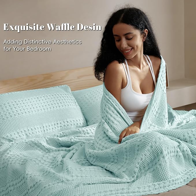 PHF Lightweight 100% Cotton Waffle Blanket for Bed, King, Mint | Pre-Washed Soft Cotton Comfort, Breathable Layering Warmth for Fall & Winter, Bed, Sofa, Couch, Home Decor & Gifts