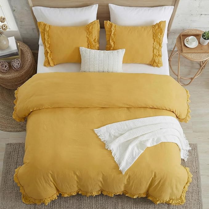 Bedorm Ginger Yellow Bedding Set King Ruffle Duvet Cover Super Soft Cozy Washed Microfiber Bedding Shabby Chic Coquette Decor Farmhouse Boho Duvet Cover Set
