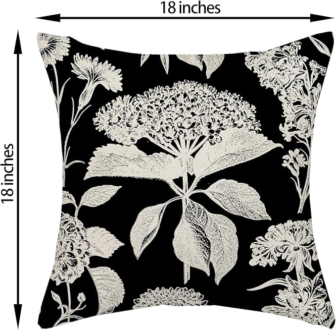 Vintage Floral Pillow Covers 18x18 Inch 2 Pcs Boho Black Hydrangea Flower Decor Throw Pillows Spring Summer Seasonal Outdoor Farmhouse Decoration Pillowcase Linen Cushion Cover for Couch