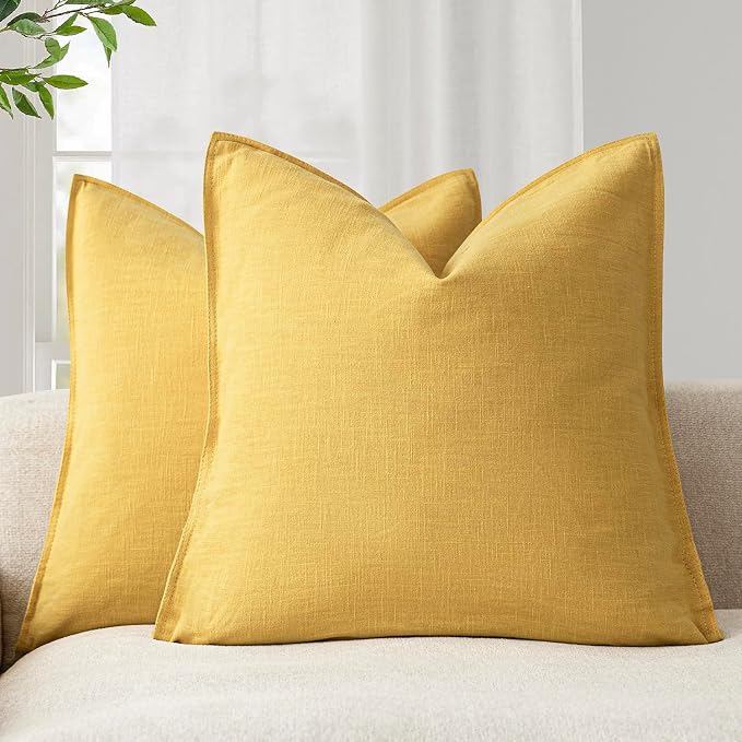 Foindtower Linen Solid Decorative Throw Pillow Covers 20x20 Ginger Yellow | Pack of 2 Boho Farmhouse Pillowcase,Accent Neutral Cushion Covers,Morden Home Decor for Chair Couch Sofa Bedroom Living Room