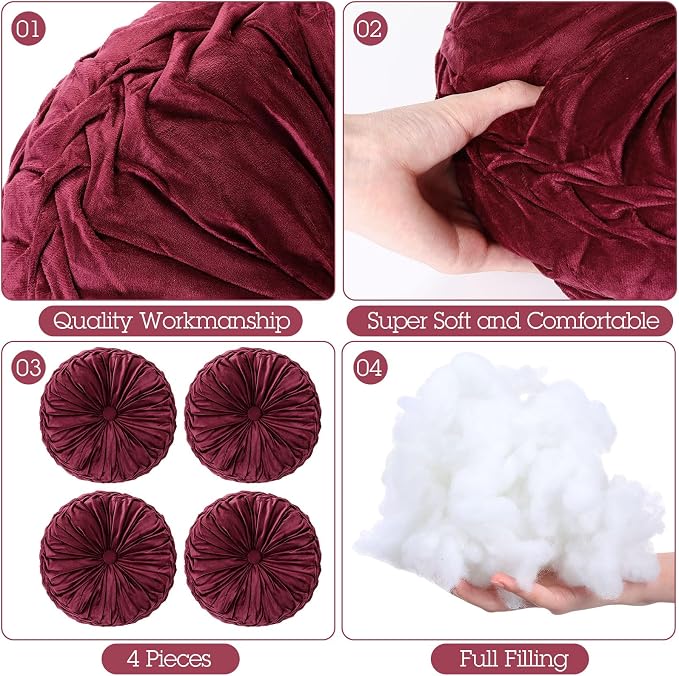 Kathfly 4 Pcs Decorative Round Pleated Throw Pillows, Classy Velvet Pumpkin Round Throw Pillows, Decorative Floor Pillow for Bed Chair Home Sofa Decor, 14" Diameter (Burgundy)