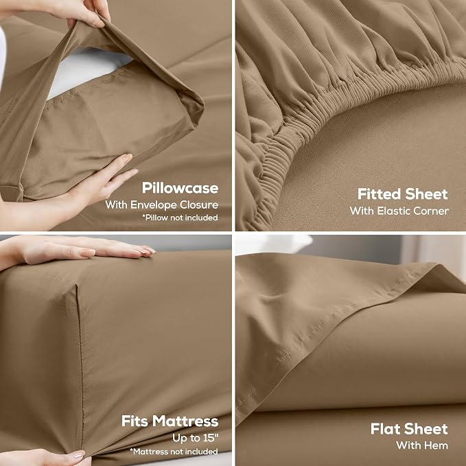 Queen Sheets Set, 4 Pieces 16" Deep Pocket Hotel Luxury Bed Sheets, Sand | Extra Soft Bedsheet Set, Comfy & Breathable Cooling Sheets, Wrinkle & Fade Resistant, Fitted Sheet, Flat Sheet, 2 Pillowcases
