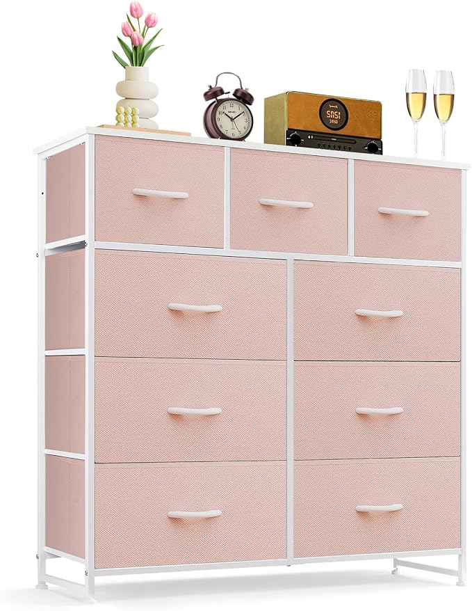 9-Drawer Dresser for Bedroom, Anti-Tip Tall Storage Organizer | Chest of Drawers with Wooden Top and Metal Frame Fabric Bins for Closet, Living Room, Hallway, Entryway, Pink