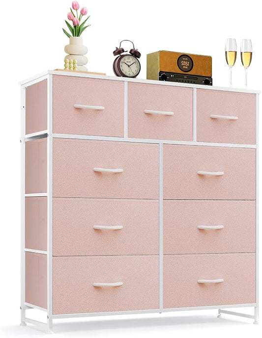 9-Drawer Dresser for Bedroom, Anti-Tip Tall Storage Organizer | Chest of Drawers with Wooden Top and Metal Frame Fabric Bins for Closet, Living Room, Hallway, Entryway, Pink
