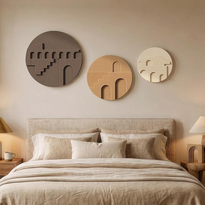3D Textured Round Neutral Abstract Boho Wall Art for Living Room, 3 Piece | Modern Minimalist Geometric Sculpture Artwork for Walls, Bohemia Earth Tone Paintings, Bedroom Dining Room Office Wall Decor