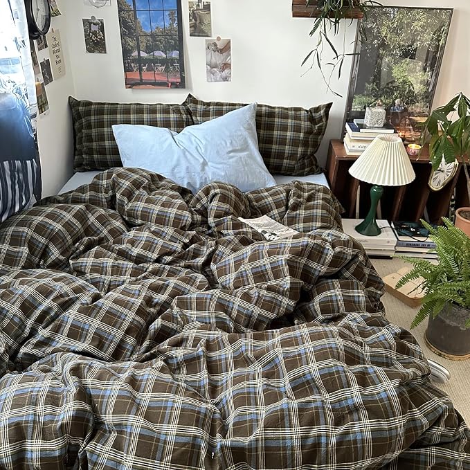 mixinni Vintage Buffalo Plaid Duvet Cover Set Queen Size - 3 Piece Washed Cotton Bedding Set with Grid Pattern, Soft & Breathable Duvet Cover with Pillowcases for All Seasons,(Brown & Blue,Beige)