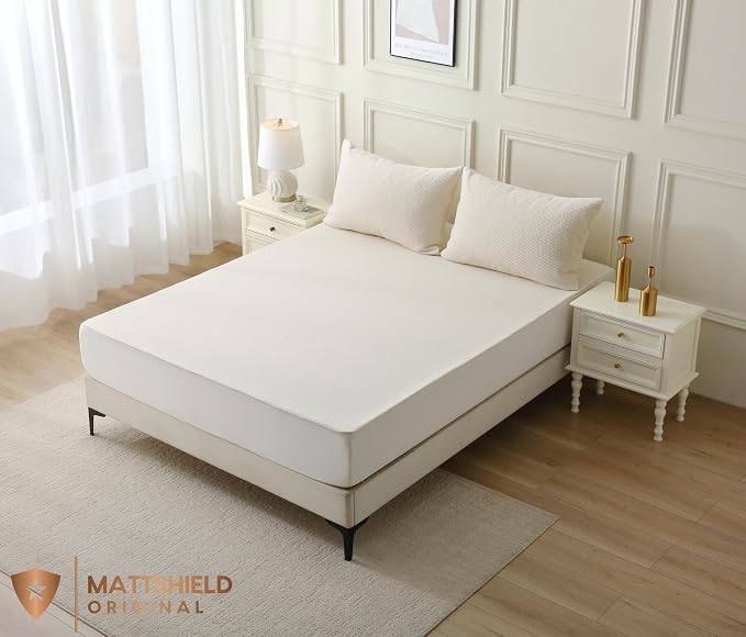 Deluxe Cooling Mattress Protector Cali King - Waterproof - Crisp, Breathable Organic Cotton Surface with a Percale-Inspired Feel - 280GSM Air-Knit Mattress Pad - Noiseless Deep Pocket