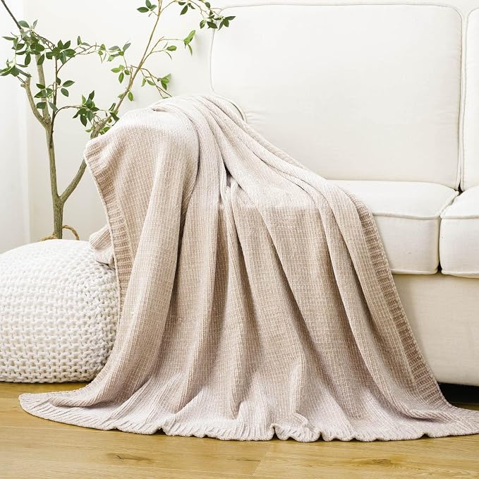 Beige Throw Blanket for Couch, Soft Chenille Throw Blanket 51"x67" | Shiny Oatmeal Chenille Blanket, Breathable & Midweight Knit Throw Blanket, Neutral Throw for Bed Sofa Home Decor