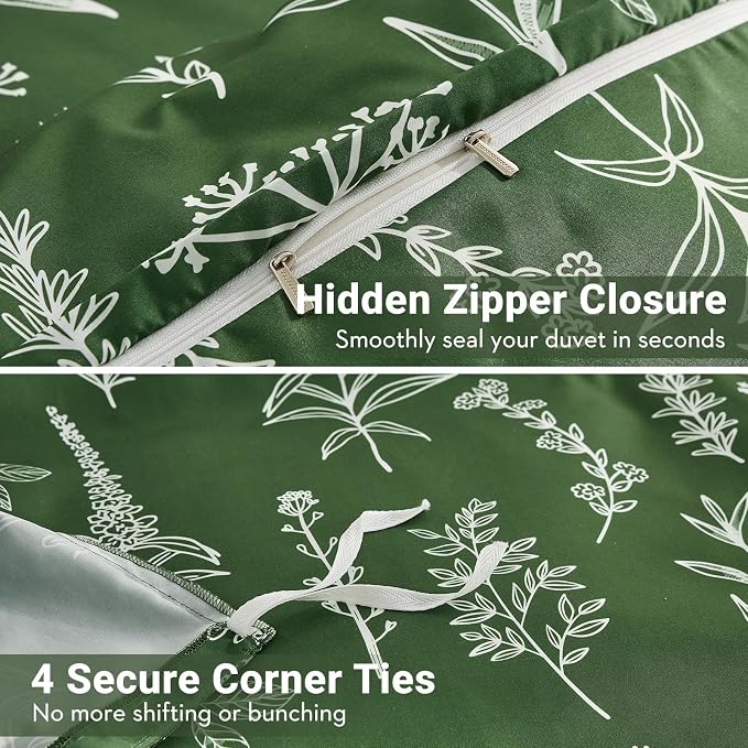 MUXHOMO Duvet Cover Full Size, Reversible Floral Dark Green Duvet Cover Set with Zipper Closure, 3 Pieces Botanical Patterns Soft Microfiber Bedding Set with 4 Ties (80"x90", 2 Pillow Cases)