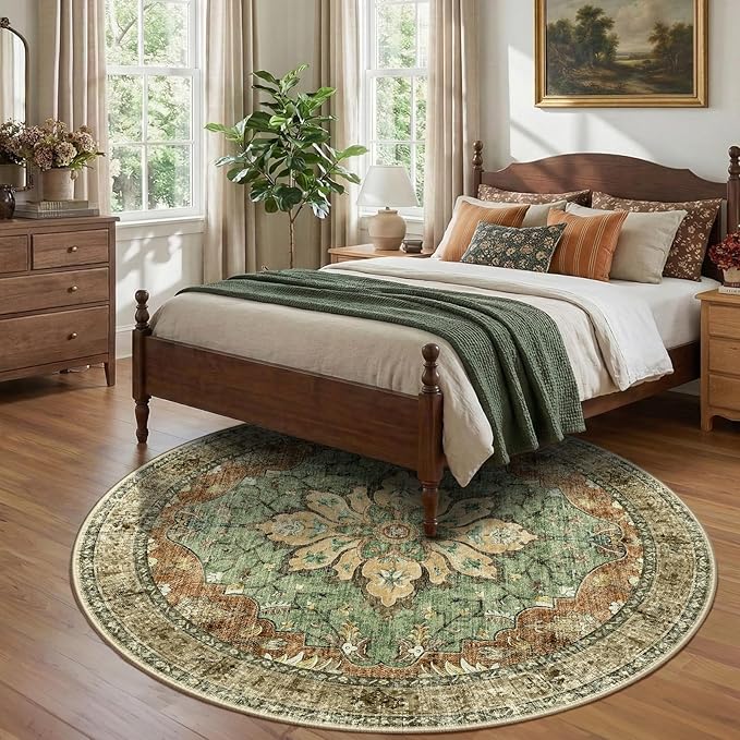 RELEANY Washable Area Rug, Round 8ft, Brick/Brown/Green | Non-Slip, Water Repellent, Pet Friendly, Easy to Clean, Vintage Floral Boho Decor for Living Room Bedroom Dining Room