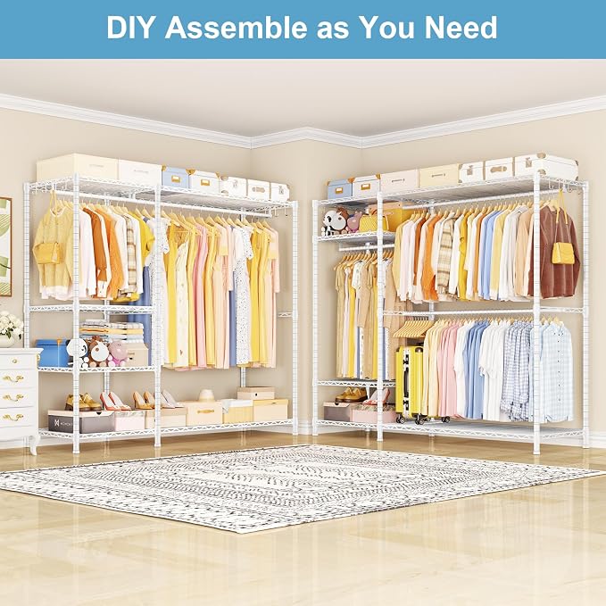 Ulif F7 Plus Clothes Rack, Clothing Racks for Hanging Clothes, White | Heavy Duty Garment Rack, 6-Tiers Freestanding Portable Closet Storage Racks 68'' W × 14.6'' D × 76.6'' H, Max Load 850 Lbs
