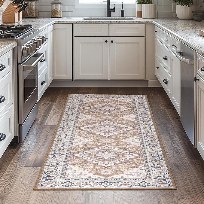 Runner Rug 2.6 x 8 for Hallway, Washable Entryway Rugs Brown Beige | Boho Faux Wool Low Pile Long Rug for Kitchen Bedroom, Floral Medallion Vintage Carpets with Non-Slip Rubber, Kid Pet Friendly