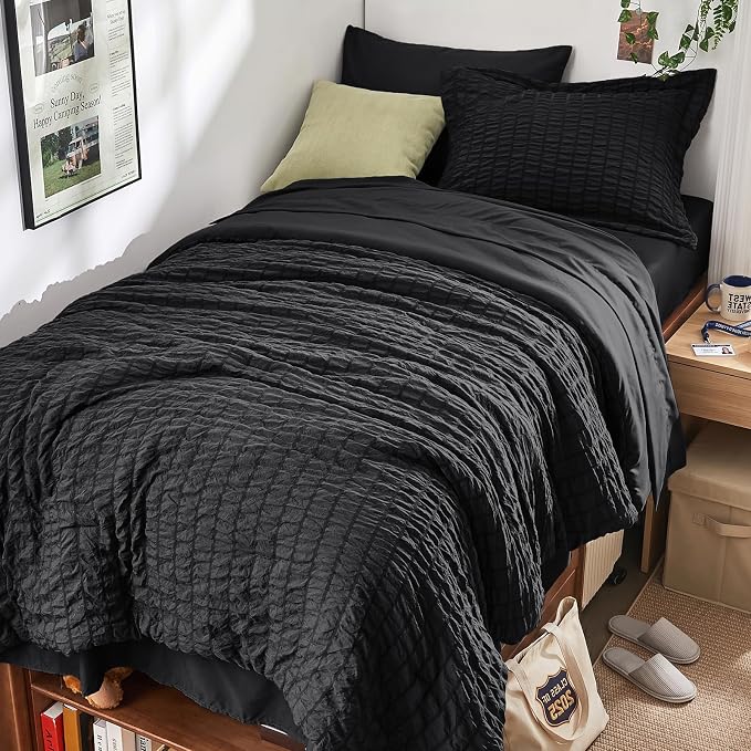 HYMOKEGE Black Twin XL Comforter Set Seersucker 5 Pieces, All Season Luxury Bed in a Bag for Bedroom, Bedding Set with Comforters, Sheets, Pillowcase & Sham