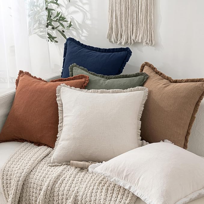 MIULEE Boho Linen Fringe Decorative Throw Pillow Covers Dark Navy 16x16 | Set of 2, Cottagecore Decor, Boho Farmhouse Coastal Pillow Covers, Rustic Couch Cushion Cases for Sofa Bed Living Room