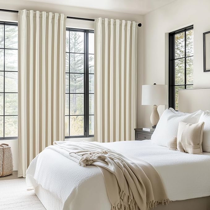 Warm Cream Extra Long Pleated Black Out Curtains 105 Inches Long for Living Room, Natural Linen Blend Patio Door Curtain with Track&Back Tab 2 Panels Set Insulated Privacy Window Drapes (50"Wx105"L）