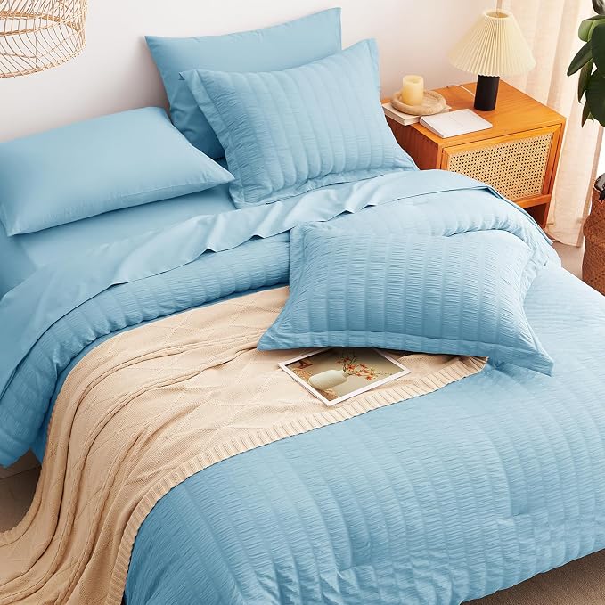 Queen Comforter Set, 7 Pieces Sky Blue Seersucker Bed in a Bag | OEKO-TEX Certified, All Season Bedding Set with 240 GSM Down Alternative Comforter, Flat & Fitted Sheets, Pillowcases & Shams