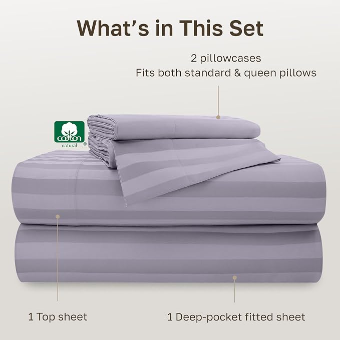 California Design Den 100% Cotton Sateen Queen Size Bedsheets, 4 Pc Set | Soft 500 Thread Count Backed by Good Housekeeping Seal, 16" Deep Pocket, All-Around Elastic, Easy Care - Lavender Striped