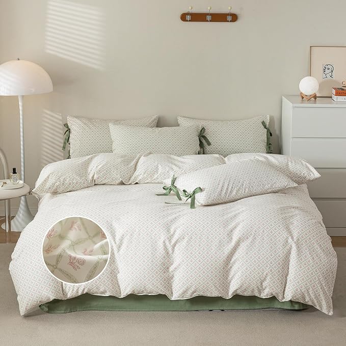 mixinni Red Floral Duvet Cover Set Full Size - 100% Cotton Green Grid Bedding with Bow Ties, 3PC Cottagecore Comforter Cover (1 Duvet Cover + 2 Pillowcases) Vintage Garden Style Soft Aesthetic