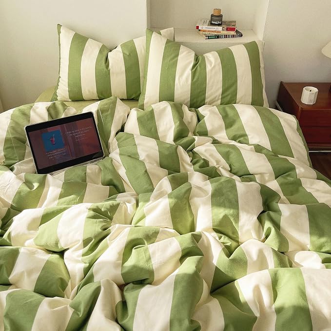 LifeTB Striped Comforter Set King Green White Stripes Pattern Printed Comforter Soft Fluffy Lightweight Bedding Set for All Seasons Reversible 3 Pieces Farmhouse Stripe Comforter with 2 Pillowcases