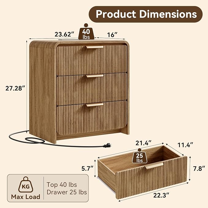 24" 3 Drawers Fluted Nightstand, Light Walnut | 3 Drawers Bedside Table, Metal Handles & Charging Station, Curved Profile End Table for Bedroom