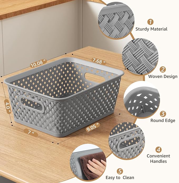 MaxGear 3 Pack Plastic Storage Baskets, Medium, Grey | Durable Woven Plastic with Built-In Handles, Suitable for Shelves, Closets, Cabinets, Bathrooms and Offices