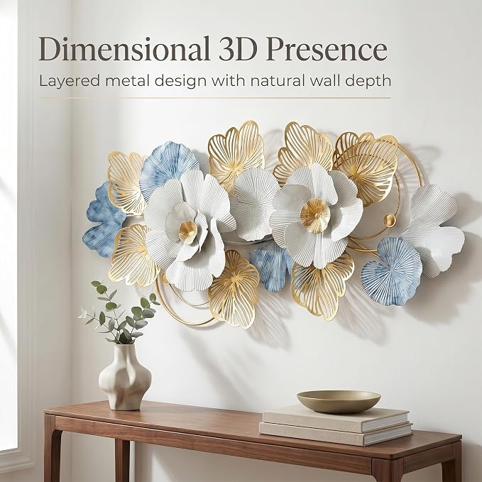 Axioglo 51" Large Wall Decor,3D Floral Metal Wall Art for Living Room | 51" x 22" metal wall decor with layered metal texture, mounting hardware, two-way display
